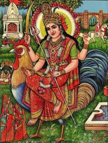 Bahuchara Mata seated on the rooster, garlanded in marigolds, surrounded by diyas